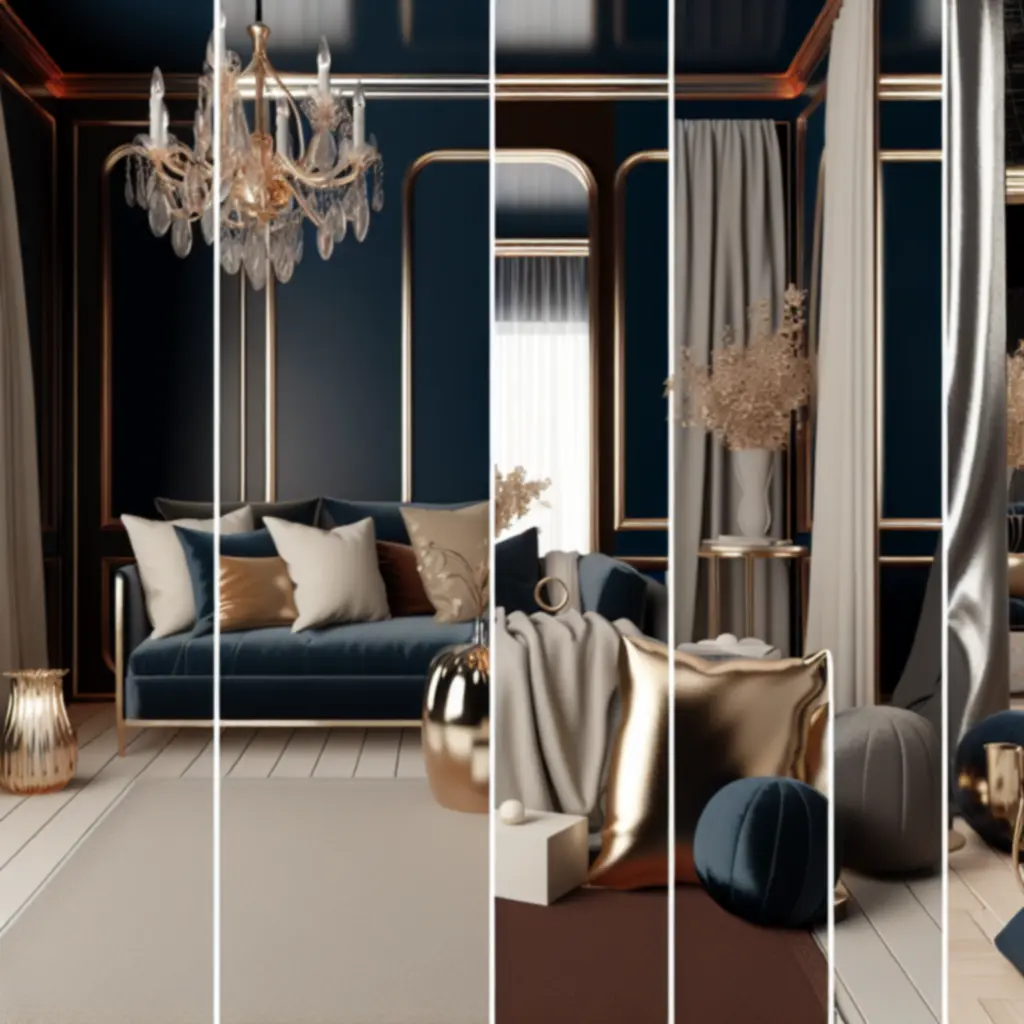 Hangulati színpaletta: mélykék, pezsgő és arany részletek harmonikus kombinációja