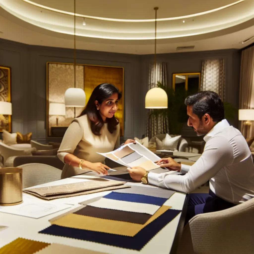 Designer and client reviewing bespoke furniture concepts during a luxury consultation