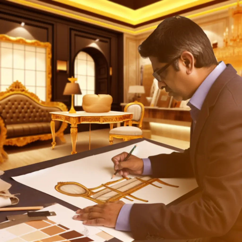 Tervező dolgozik egy elegáns stúdióban, egyedi bútorkoncepciókat vázol fel