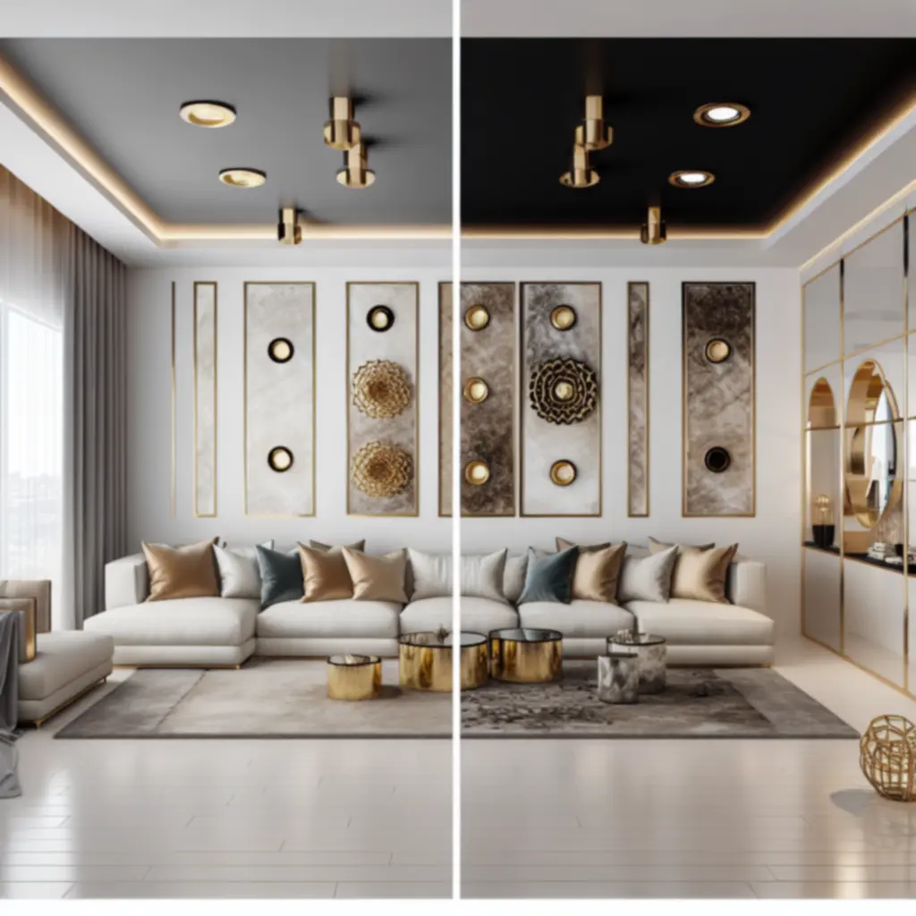 Kifinomult nappali: mélykék és pezsgő tónusok, arany részletekkel és modern designer ülőgarnitúrával