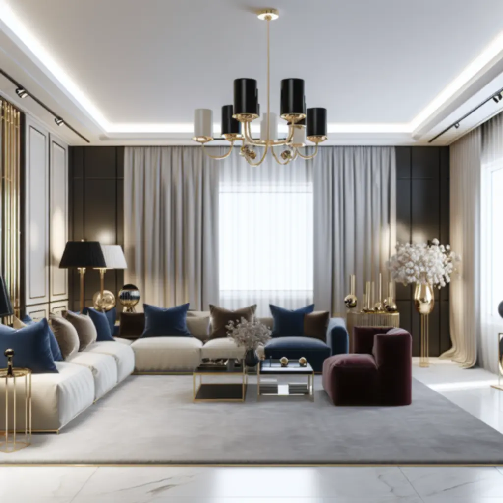 Elegáns, luxus nappali teljes képernyős fotóval – prémium kanapé, arany részletek és kifinomult enteriőr