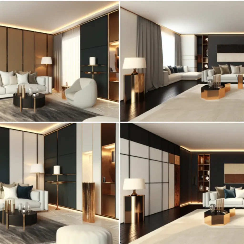 Kortárs, luxus nappali enteriőr krémszínű kanapéval és arany részletekkel